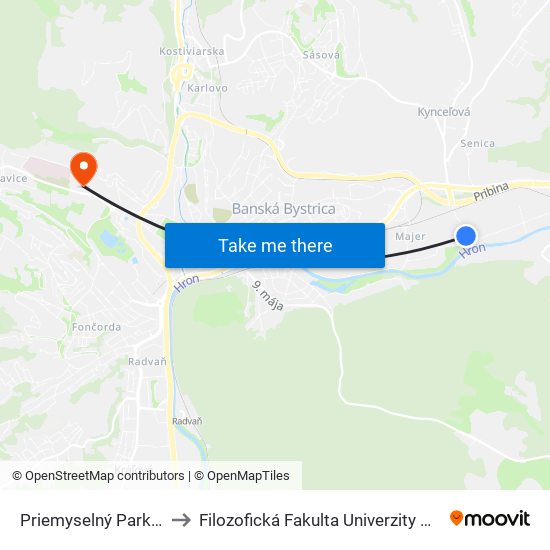 Priemyselný Park - Most to Filozofická Fakulta Univerzity Mateja Bela map