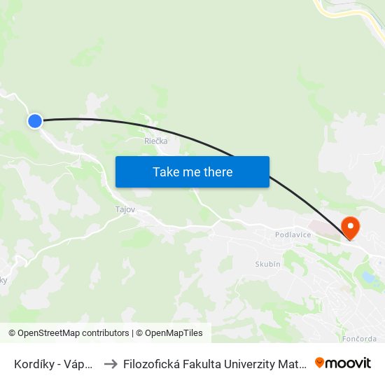 Kordíky - Vápenica to Filozofická Fakulta Univerzity Mateja Bela map