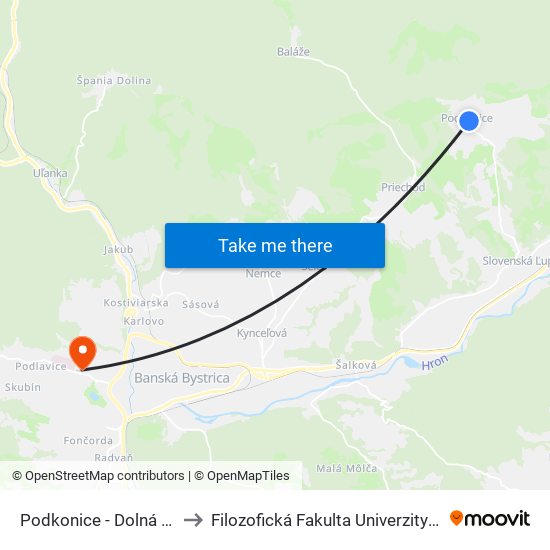 Podkonice - Dolná Zastávka to Filozofická Fakulta Univerzity Mateja Bela map