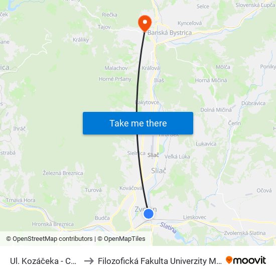 Ul. Kozáčeka - Centrum to Filozofická Fakulta Univerzity Mateja Bela map