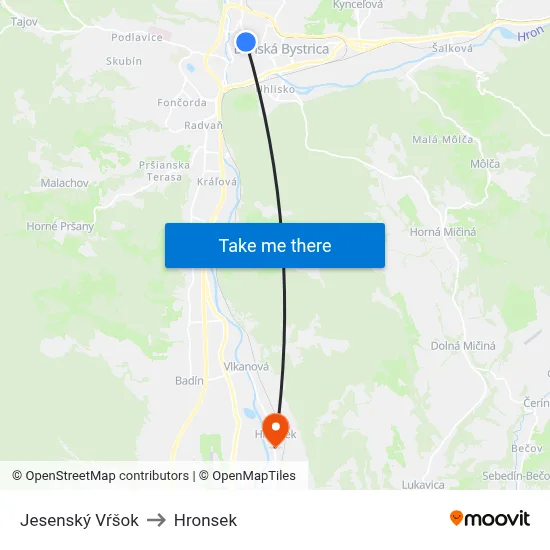 Jesenský Vŕšok to Hronsek map
