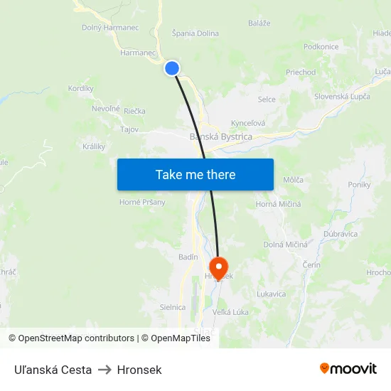 Uľanská Cesta to Hronsek map
