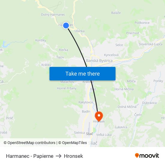 Harmanec - Papierne to Hronsek map