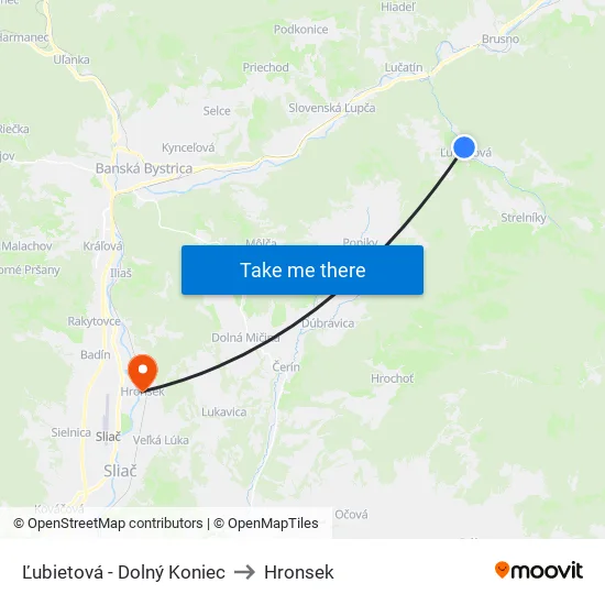 Ľubietová - Dolný Koniec to Hronsek map