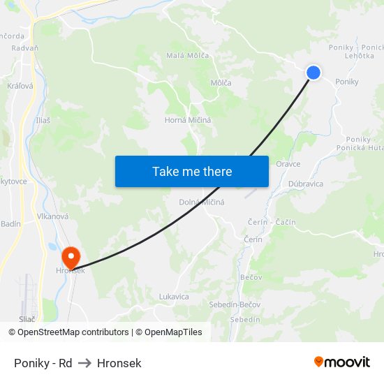 Poniky - Rd to Hronsek map