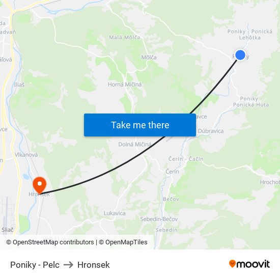 Poniky - Pelc to Hronsek map