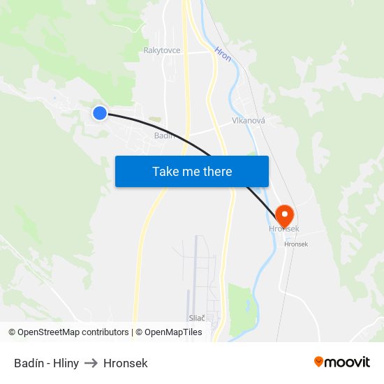 Badín - Hliny to Hronsek map