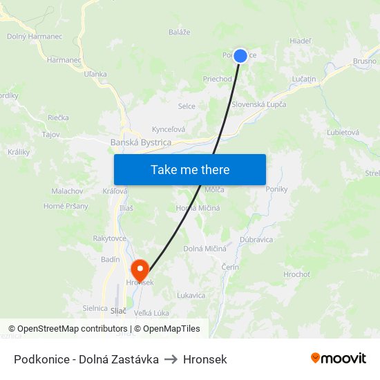 Podkonice - Dolná Zastávka to Hronsek map