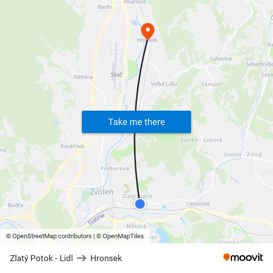 Zlatý Potok - Lidl to Hronsek map