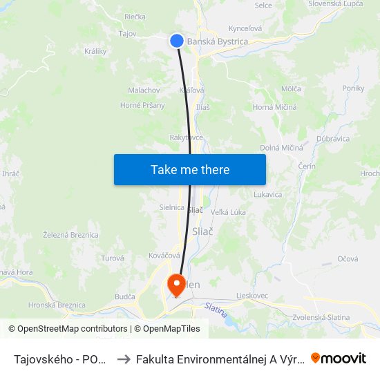 Tajovského - POD Nemocnicou to Fakulta Environmentálnej A Výrobnej Technicky Tuzvo map