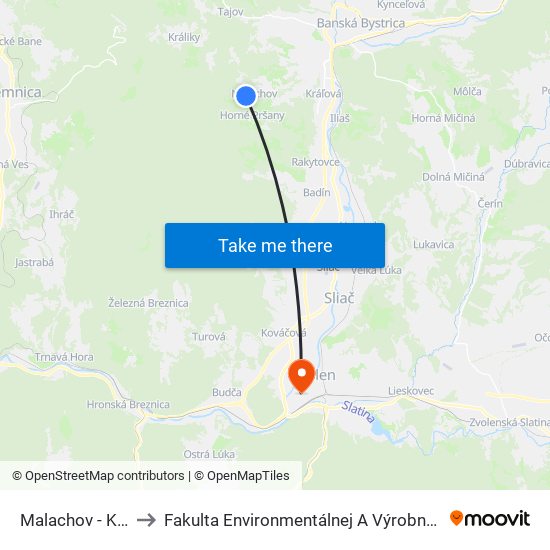 Malachov - Kopanice to Fakulta Environmentálnej A Výrobnej Technicky Tuzvo map