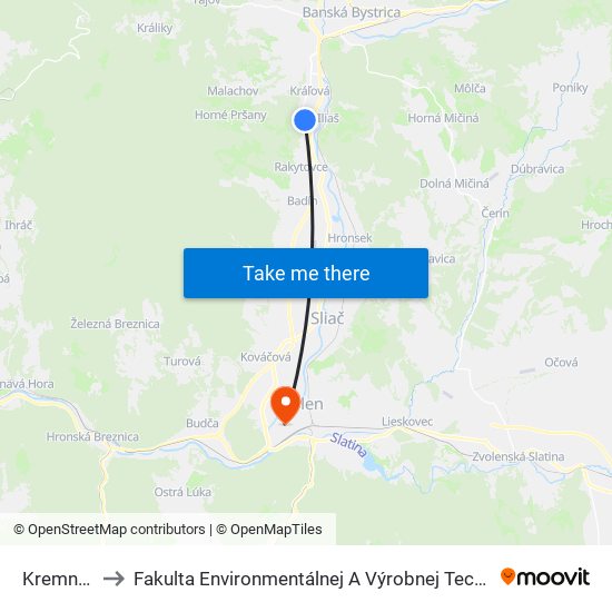 Kremnička to Fakulta Environmentálnej A Výrobnej Technicky Tuzvo map