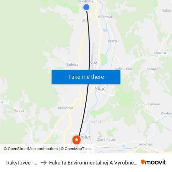 Rakytovce - Ihrisko to Fakulta Environmentálnej A Výrobnej Technicky Tuzvo map