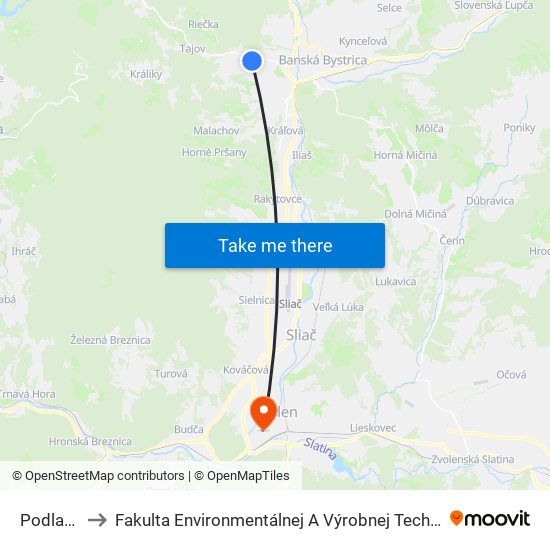 Podlavice to Fakulta Environmentálnej A Výrobnej Technicky Tuzvo map