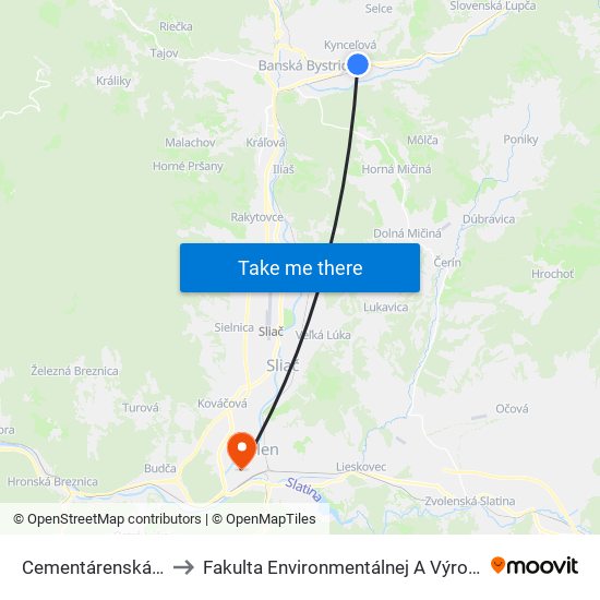 Cementárenská - Rázcestie to Fakulta Environmentálnej A Výrobnej Technicky Tuzvo map