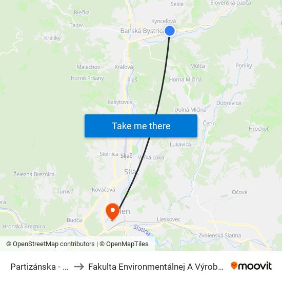 Partizánska - Rázcestie to Fakulta Environmentálnej A Výrobnej Technicky Tuzvo map