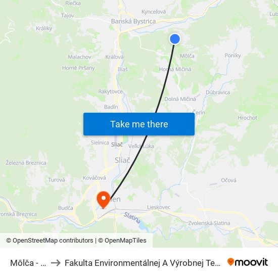 Môlča - Lom to Fakulta Environmentálnej A Výrobnej Technicky Tuzvo map