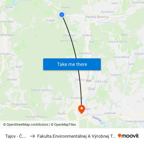 Tajov - Č.D. 155 to Fakulta Environmentálnej A Výrobnej Technicky Tuzvo map