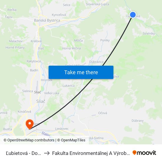 Ľubietová - Dolný Koniec to Fakulta Environmentálnej A Výrobnej Technicky Tuzvo map