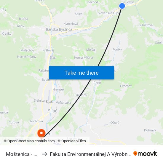 Moštenica - Rázcestie to Fakulta Environmentálnej A Výrobnej Technicky Tuzvo map