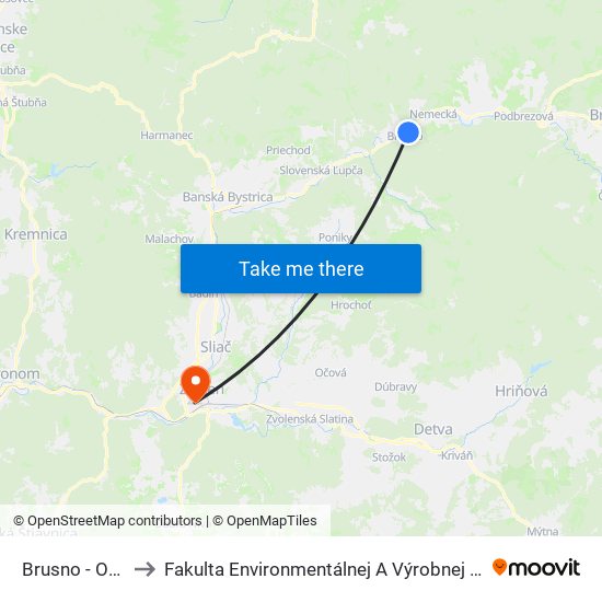 Brusno - Oremlaz to Fakulta Environmentálnej A Výrobnej Technicky Tuzvo map