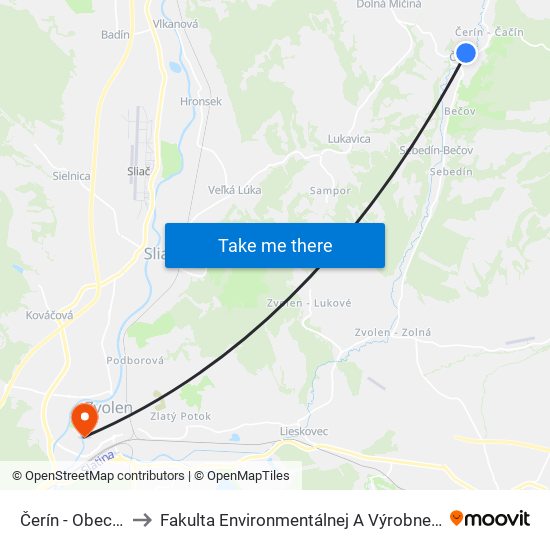 Čerín - Obecný Úrad to Fakulta Environmentálnej A Výrobnej Technicky Tuzvo map