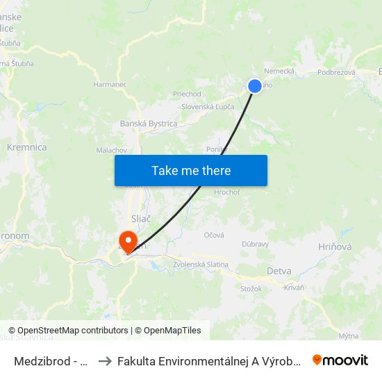 Medzibrod - Rázcestie to Fakulta Environmentálnej A Výrobnej Technicky Tuzvo map