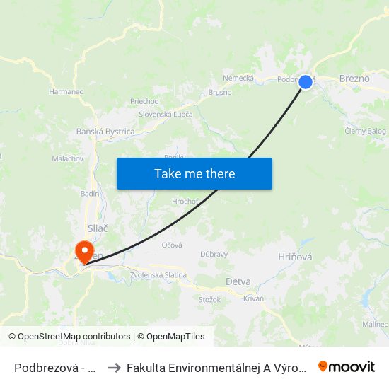 Podbrezová - Nemocnica to Fakulta Environmentálnej A Výrobnej Technicky Tuzvo map