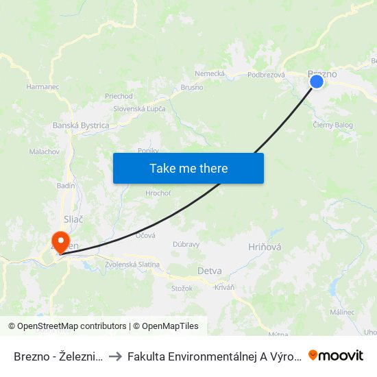 Brezno - Železničná Stanica to Fakulta Environmentálnej A Výrobnej Technicky Tuzvo map