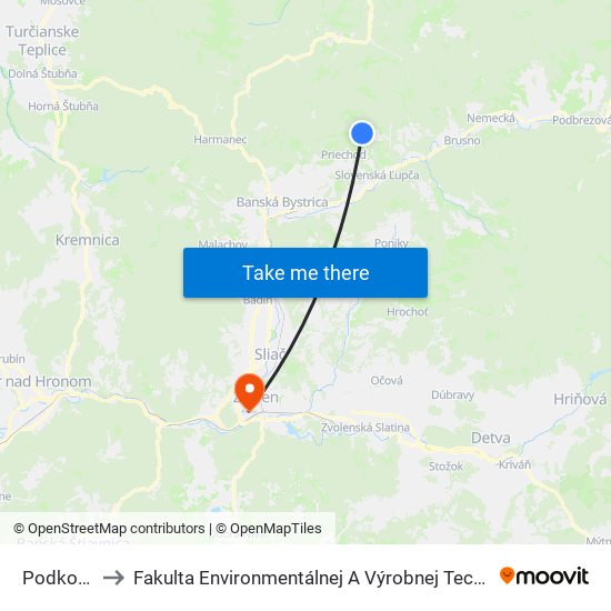 Podkonice to Fakulta Environmentálnej A Výrobnej Technicky Tuzvo map