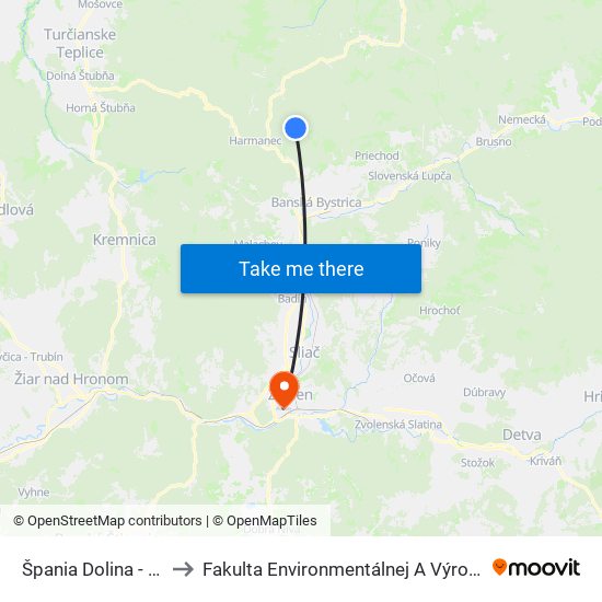 Špania Dolina - Rudné Bane to Fakulta Environmentálnej A Výrobnej Technicky Tuzvo map