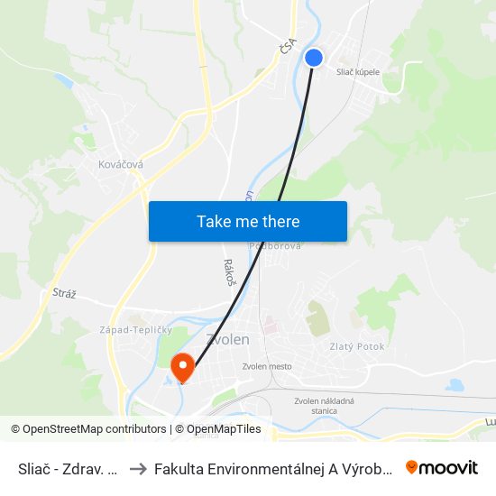 Sliač - Zdrav. Stredisko to Fakulta Environmentálnej A Výrobnej Technicky Tuzvo map