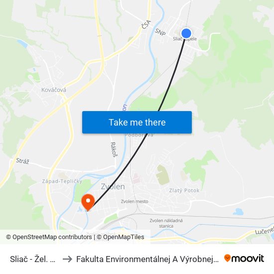 Sliač - Žel. Stanica to Fakulta Environmentálnej A Výrobnej Technicky Tuzvo map