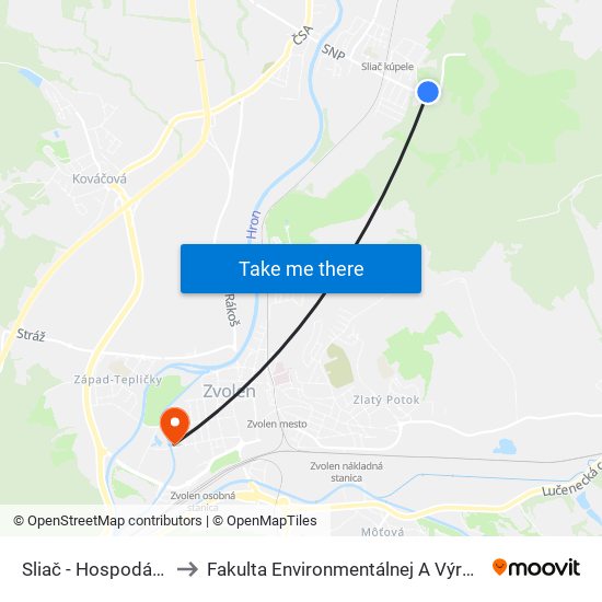 Sliač - Hospodárska Budova to Fakulta Environmentálnej A Výrobnej Technicky Tuzvo map