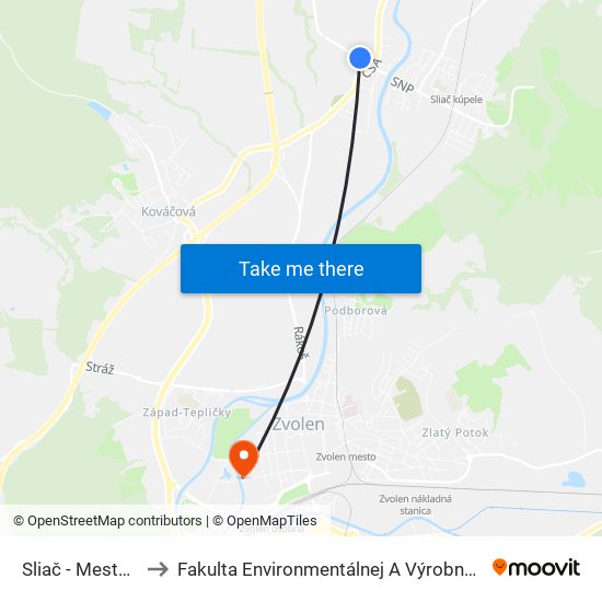 Sliač - Mestský Úrad to Fakulta Environmentálnej A Výrobnej Technicky Tuzvo map
