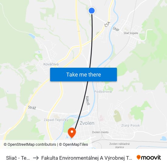 Sliač - Tehelňa to Fakulta Environmentálnej A Výrobnej Technicky Tuzvo map