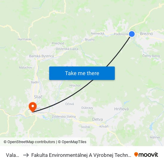 Valaská to Fakulta Environmentálnej A Výrobnej Technicky Tuzvo map