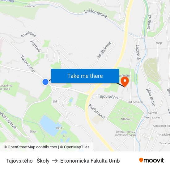 Tajovského - Školy to Ekonomická Fakulta Umb map