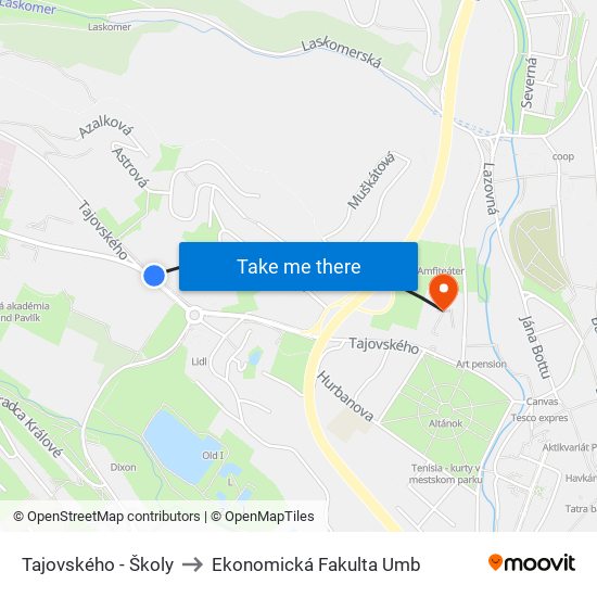 Tajovského - Školy to Ekonomická Fakulta Umb map