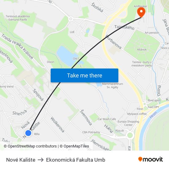 Nové Kalište to Ekonomická Fakulta Umb map