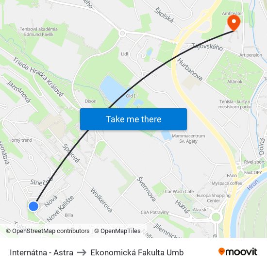 Internátna - Astra to Ekonomická Fakulta Umb map