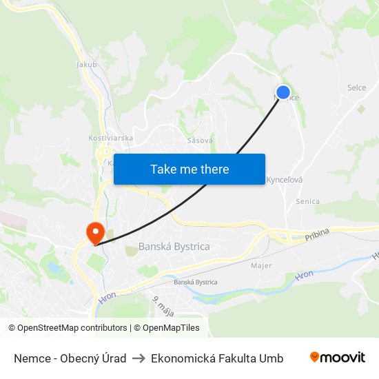 Nemce - Obecný Úrad to Ekonomická Fakulta Umb map