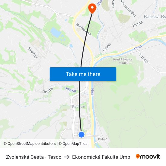 Zvolenská Cesta - Tesco to Ekonomická Fakulta Umb map