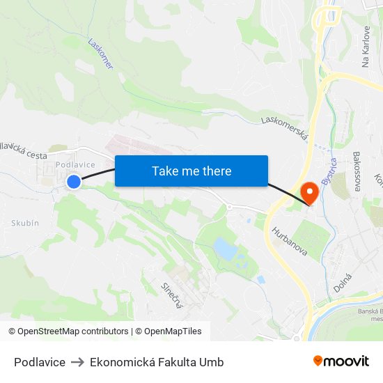 Podlavice to Ekonomická Fakulta Umb map