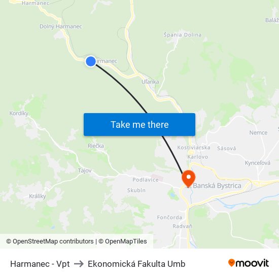 Harmanec - Vpt to Ekonomická Fakulta Umb map