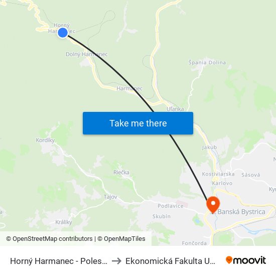 Horný Harmanec - Polesie to Ekonomická Fakulta Umb map