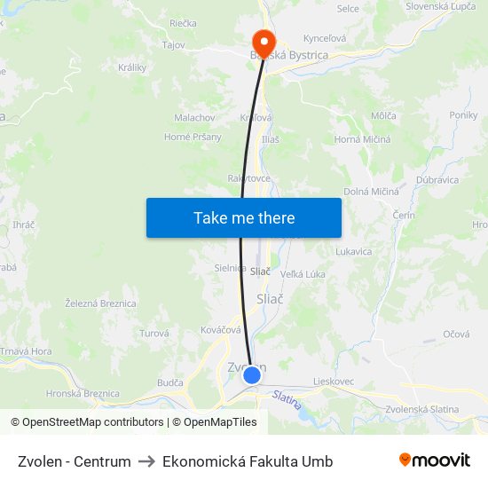 Zvolen - Centrum to Ekonomická Fakulta Umb map