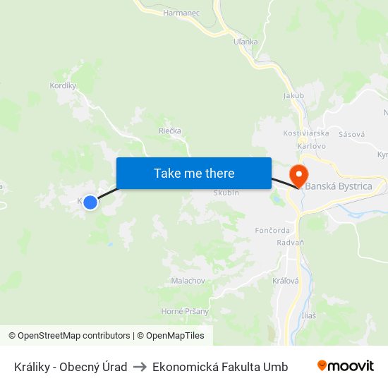 Králiky - Obecný Úrad to Ekonomická Fakulta Umb map