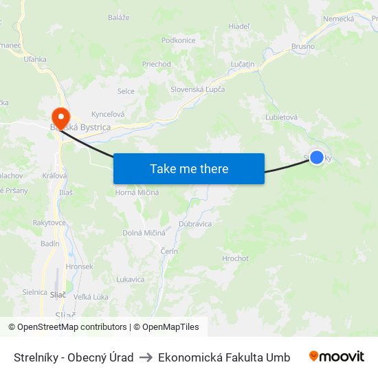 Strelníky - Obecný Úrad to Ekonomická Fakulta Umb map