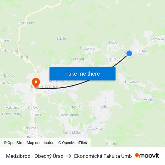 Medzibrod - Obecný Úrad to Ekonomická Fakulta Umb map